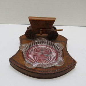 VTG Clear Glass w/5 Cigarette Rests in Wooden Wagon Collectors Stand/Display.